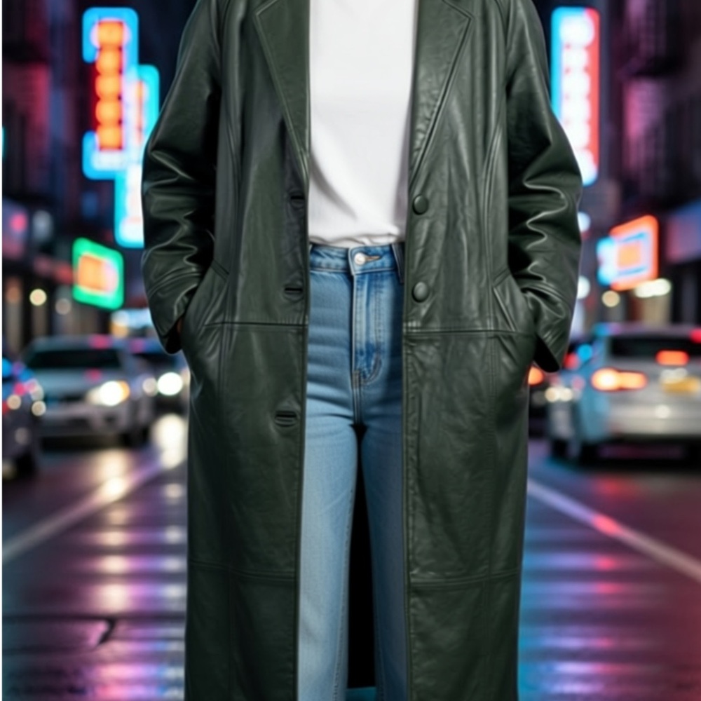 Vintage Green Leather Trench Coat